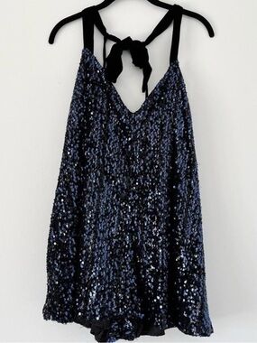 Free People Black Sequin Romper with Velvet tie